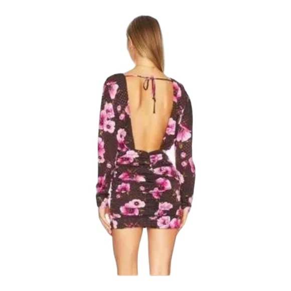 LOVERS + FRIENDS Brown Pink Floral Ruched Open Back Mini Dress XS NWT - Picture 3 of 11